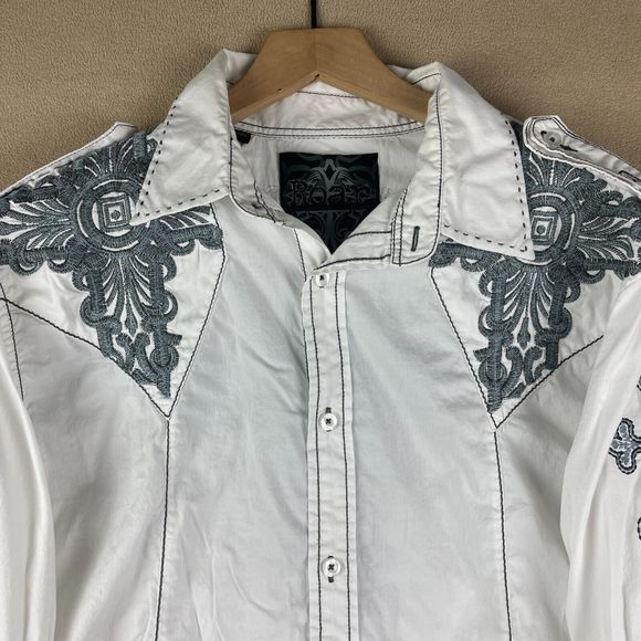 Roar Shirt Mens Extra Large White Embroidered Buckle Wings Crosses Long Sleeve - Picture 2 of 16